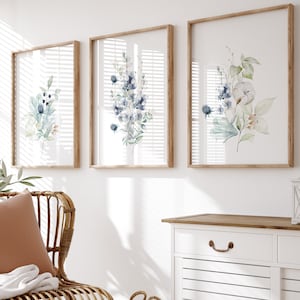 Blue Watercolour flowers set of 3 prints, Blue wall art prints, UNFRAMED