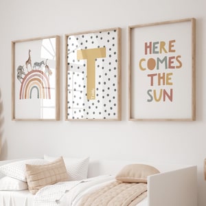 Personalized Nursery Prints: Boho Safari Rainbow Wall Art, Set of 3