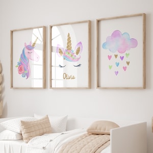Unicorn Watercolor Print Set: Personalized Girls Bedroom Decor (UNFRAMED)