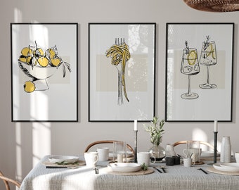 Kitchen Wall Art, Set of 3 posters, Pasta lover, Cocktail drinks, Black and Yellow, UNFRAMED