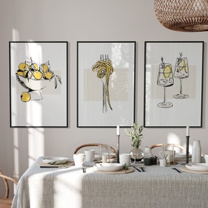 Kitchen Wall Art, Set of 3 posters, Pasta lover, Cocktail drinks, Black and Yellow, UNFRAMED