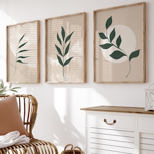 Boho Botanical Wall Art Prints: Beige & Green Leaves, Set of 3