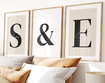 Bedroom prints set of 3, Personalized couples prints, above the bed decor, UNFRAMED