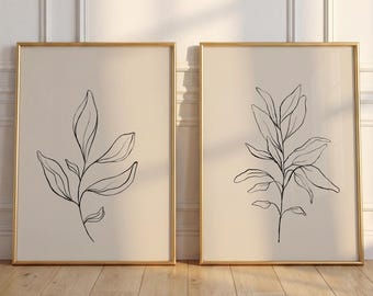 Minimalist Botanical Wall Art Set of 2, Neutral Bedroom Decor, Line Art Leaf Prints, Above Bed Wall Art, Above Master Bed Decor UNFRAMED