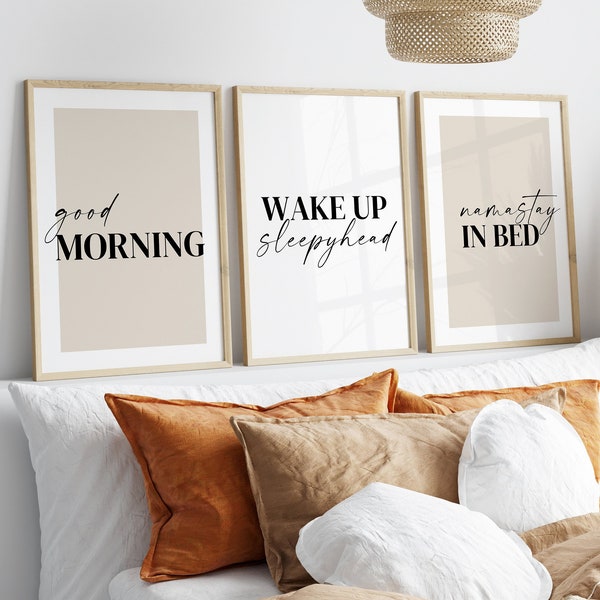 Bedroom prints set of 3, above the bed decor, Namastay in bed,UNFRAMED