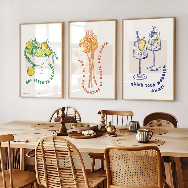 Küchen Wandkunst, 3er-Set Poster, Pasta lover, Cocktails, UNGERAHMT