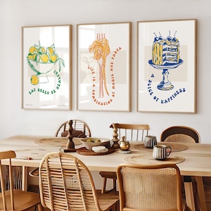 Kitchen Wall Art Set of 3 Posters - Pasta Lover, Cake Print & Lemons Bowl Decor - Unframed Artwork for Kitchen