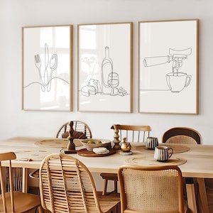 Kitchen Line Art Prints: Cutlery, Wine, Coffee Poster Set (UNFRAMED)
