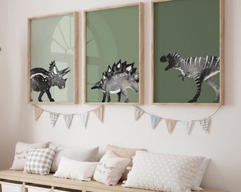 Dinosaur Wall Art Set of 3 Prints, Neutral Dino Nursery Decor, Dinosaur Bedroom Wall Art, Kids Dinosaur Posters Unframed