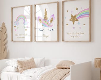 Personalized Unicorn nursery prints set of 3, Girls Pink Bedroom wall art, Custom name, UNFRAMED