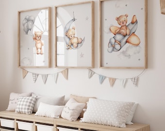 Teddy Bear Nursery Prints Set: Neutral Grey Decor (UNFRAMED)
