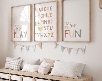 Playroom Prints, Alphabet, Lets Play Have fun set of 3 prints, UNFRAMED
