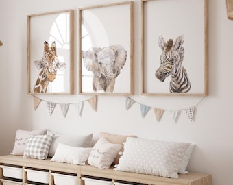 Safari Nursery Prints Set of 3, Baby Jungle Animals, Giraffe Elephant Zebra Wall Art