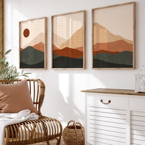 Boho Landscape Wall Art Set: Terracotta & Green Mountain Prints