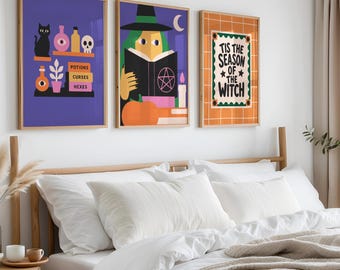 Halloween Wall Art Set of 3 Prints, Witch Decor for Nursery, Above Bed Decoration, Spooky Halloween Decor for Kids Room, Witchy Gift for Her