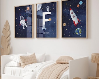 Space Prints Set of 3: Astronaut, Rocket, Planets - Kids Room Decor (UNFRAMED)