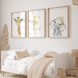 Safari Gelb Blumen Tier Kinderzimmer Drucke - 3er-Set, personalisierte Wandkunst, ungerahmt Dschungel Dekor, süßes Baby Poster
