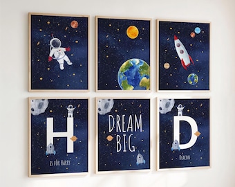 Set di 6 stampe da parete a tema spaziale per la cameretta dei bambini, stampe personalizzate di astronauti e razzi (senza cornice).