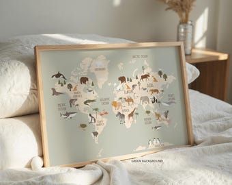 Safari Animals World Map Poster: Kids Playroom Wall Art