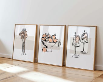 Vintage Kitchen Wall Art Set of 3, Dining Room Wall Decor, Cocktail Bar Art, Housewarming Gift, Neutral Kitchen Fruit Bowl Print UNFRAMED