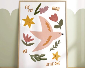 Fly High Little One Nursery Print: Baby Room Scandinavian Decor Bird Affirmation Poster Unframed