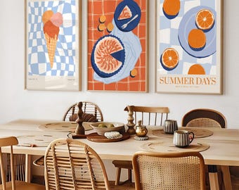 Summer Kitchen Art Prints: Ice Cream, Picnic Tarts, Oranges Set