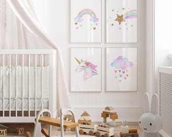 Ensemble de 4 oeuvres d'art mural licorne, décoration licorne arc-en-ciel rose, oeuvre d'art murale pour chambre de fille, impressions pour chambre de petite fille
