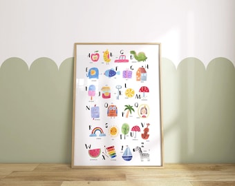 Lámina con alfabeto de animales en acuarela: arte divertido para la pared de la habitación de un bebé (sin marco)