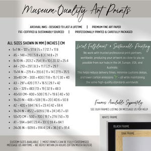 The image is a collection of various art prints, each with different sizes and frame options. The art prints are designed to last a lifetime and are made with premium fine art paper, ensuring a high-quality final product. The prints are professionally printed and carefully packaged, making them suitable for professional use or as gifts. The image also includes information about the availability of custom sizes and the option to see the frames listing or message US for help.