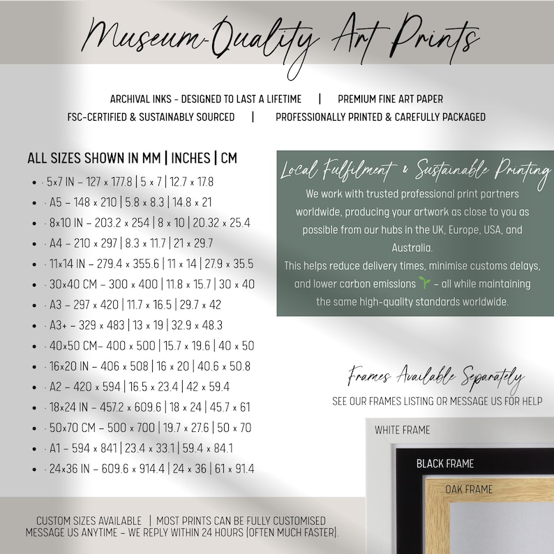 The image is a collection of various art prints, each with different sizes and frame options. The art prints are designed to last a lifetime and are made with premium fine art paper, ensuring a high-quality final product. The prints are professionally printed and carefully packaged, making them suitable for professional use or as gifts. The image also includes information about the availability of custom sizes and the option to see the frames listing or message US for help.