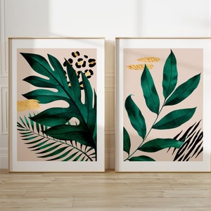 Set of 2 Botanical prints, Tropical Prints, Green Pink and Gold,UNFRAMED