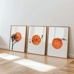Sunset Nature Prints Set: Orange Wall Art, Birds (UNFRAMED)