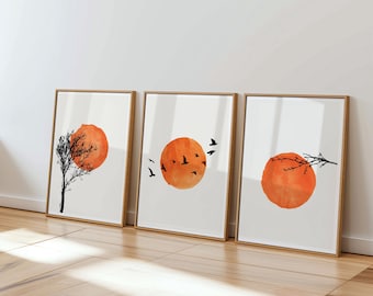 Sunset Nature Prints Set: Orange Wall Art, Birds (UNFRAMED)