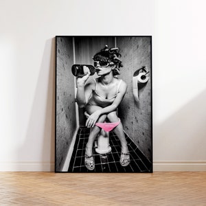 Toilet Photography Print: Girl on Toilet Drinking with Pink Accent, Unframed Bathroom Wall Art Decor
