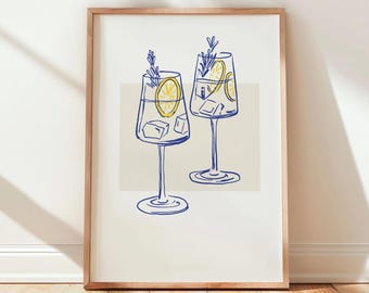 Cocktail Art Print: Modern Blue & Yellow Kitchen Decor