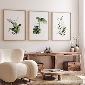 Botanische muurkunst set van 3 | Monsterabladafdrukken, tropisch galerijdecor (ingelijst) afbeelding 1