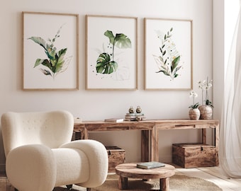 Botanical Wall Art Set of 3 | Monstera Leaf Prints, Tropical Gallery Decor (Unframed)