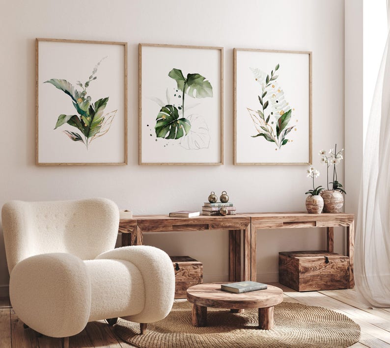 Botanische muurkunst set van 3 | Monsterabladafdrukken, tropisch galerijdecor (ingelijst) afbeelding 1
