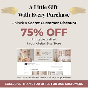 The image is an advertisement for a digital print store, offering a 75% discount on printable wall art. The text highlights the store's offer and provides a link to purchase the items.