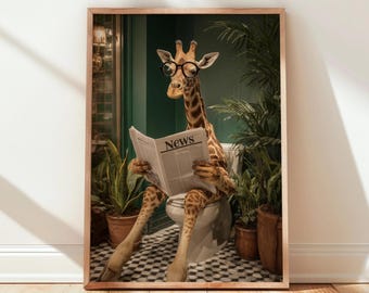 Funny Giraffe Toilet Print: Whimsical Bathroom Humor Wall Art