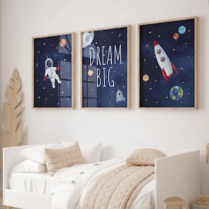 Naklejka ścienna do pokoju dziecięcego z motywem kosmosu, wydruki z motywem kosmosu, nadruk z astronautą, naklejka ścienna z rakietą do pokoju dziecięcego BEZ OPRAWY