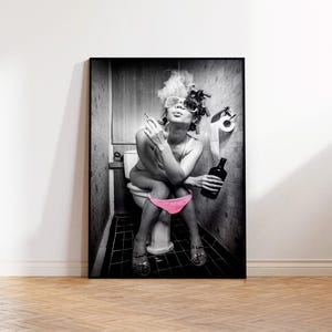 Girl Smoking on Toilet Photograph, Rude and Funny Wall Decor, Framed A2 Poster (Black Frame)