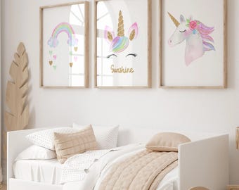 Watercolor Unicorn Nursery Prints: Glitter Details, Set of 3 (UNFRAMED)
