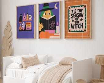 Halloween Wall Art Set of 3 Prints, Witch Decor for Nursery, Above Bed Decoration, Spooky Halloween Decor for Kids Room, Witchy Gift for Her