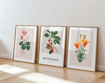 Modern Botanical Wall Art Set of 3, Boho Neutral Floral & Leaf Print Hallway Decor