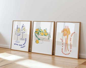 Kitchen Wall Art, Set of 3 posters, Pasta lover, Cocktail drinks, UNFRAMED