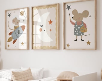 Space Nursery Wall Art Set of 3: Cute Mouse, Moon & Rocket Prints for Baby Boy Room UNFRAMED