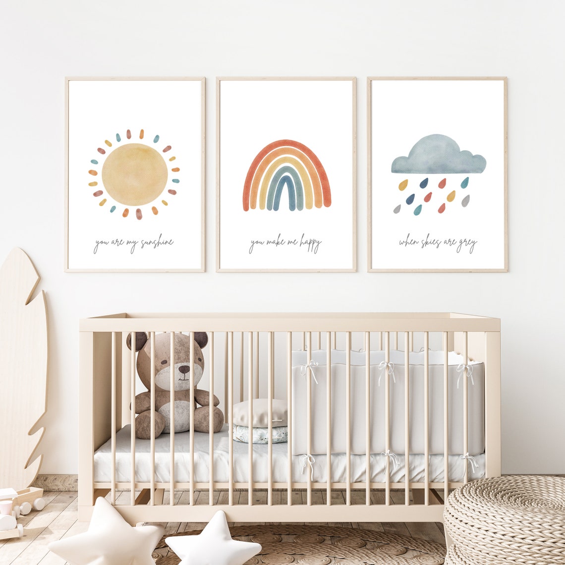 Nursery Decor Cloud Print Sunshine Print Nursery Decor Set Etsy