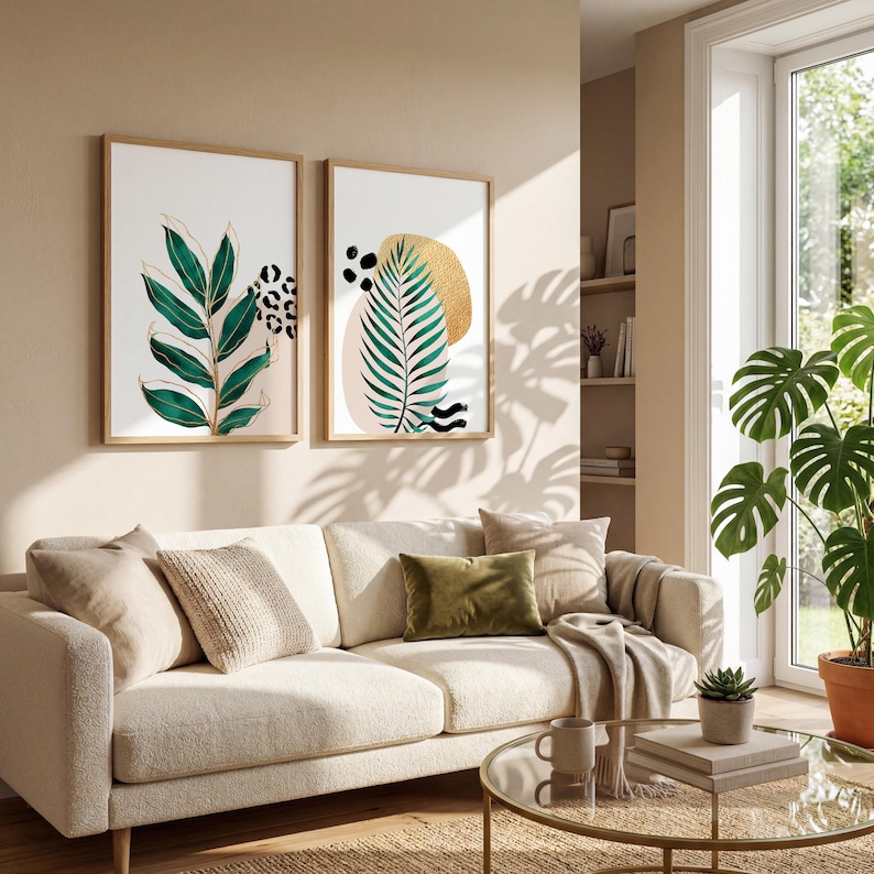May include: Two framed botanical art prints. One features green leaves with gold accents and a leopard print. The other showcases a green palm leaf, gold circle, and black abstract shapes. The prints hang above a cream-colored sofa.