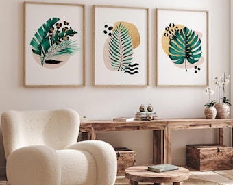 Tropical Prints, Botanical prints, Set of 3, Green Pink and Gold,UNFRAMED
